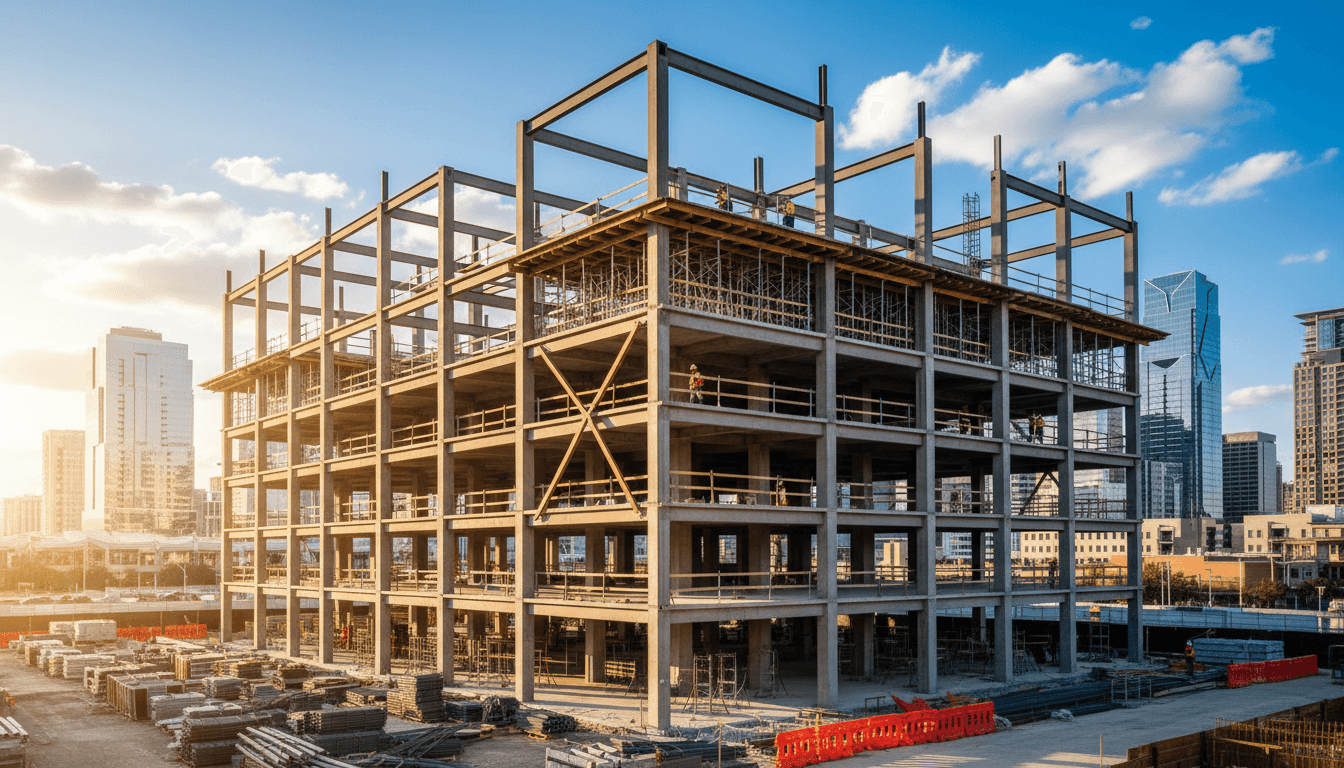 Commercial construction site with steel framework and workers during installation